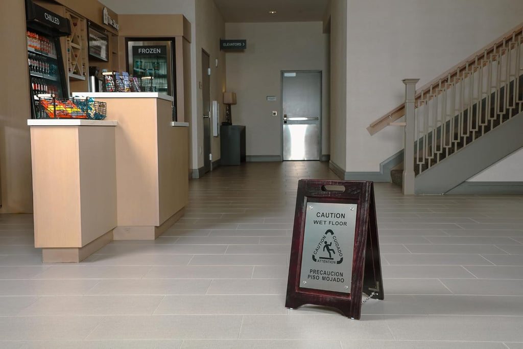 Premium Wooden Caution Wet Floor Sign – Bilingual w/Non-Skid Plastic Feet, Brushed Nickel Plate – For Hotels, Schools, Offices, Areas, Restrooms, Pool Decks & Shops