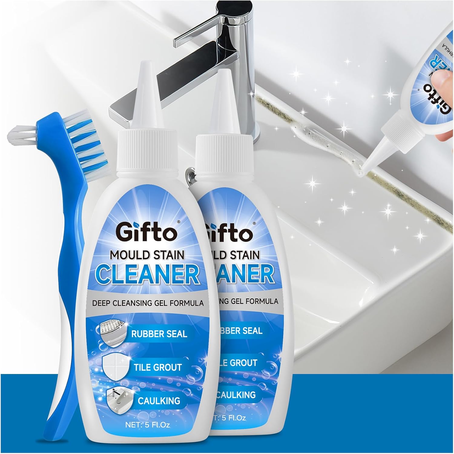 Mold Stain Remover Gel - Tile Grout Cleaner with Brush, Bleach Gel Washing Machine Cleaner Front Loader, Grout Cleaning Whitener for Bathroom Shower & Kitchen Sink, Non-Toxic, 10 fl oz 2 Pack
