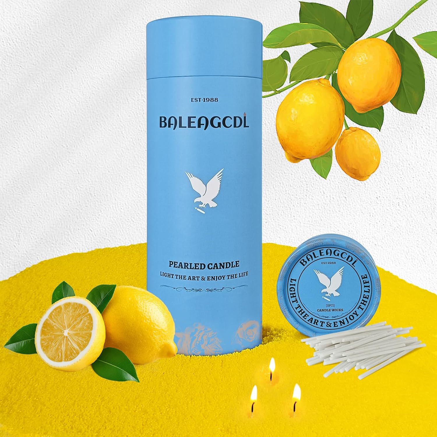 Lemon Scented Yellow Pearled Candle 18oz Luxury Sand Candle Granulated Wax - 30 Cotton Wicks - Wax for Candle Making Decorative Candles Smooth and Clean Burning Lasts up to 120 Hours
