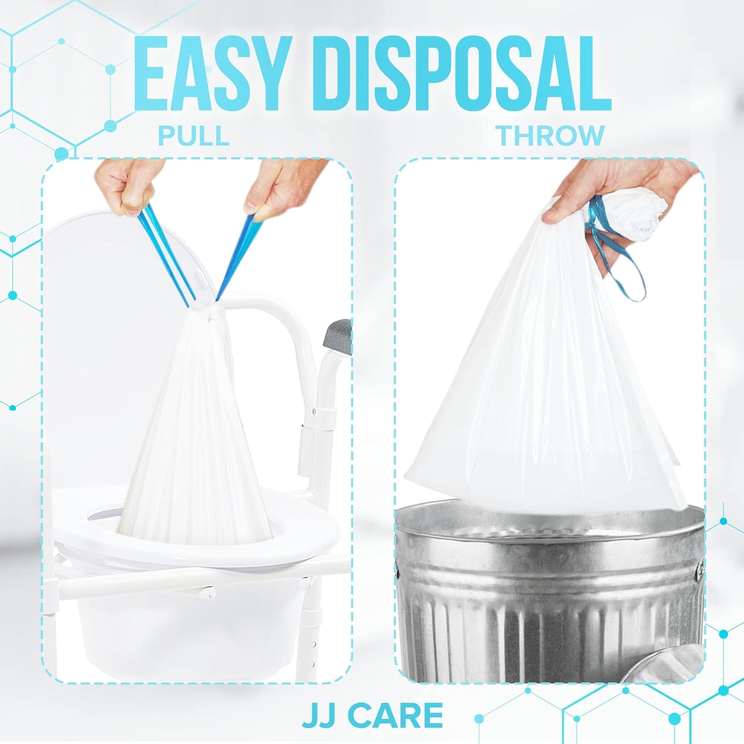 JJ CARE Bedside Commode Liners with Absorbent Pads - Pack of 90 Commode Poop Bags Liners 16"x21" Adults' Portable Bed Pan Toilet Chair, Disposable Toilet Bags for Bedside