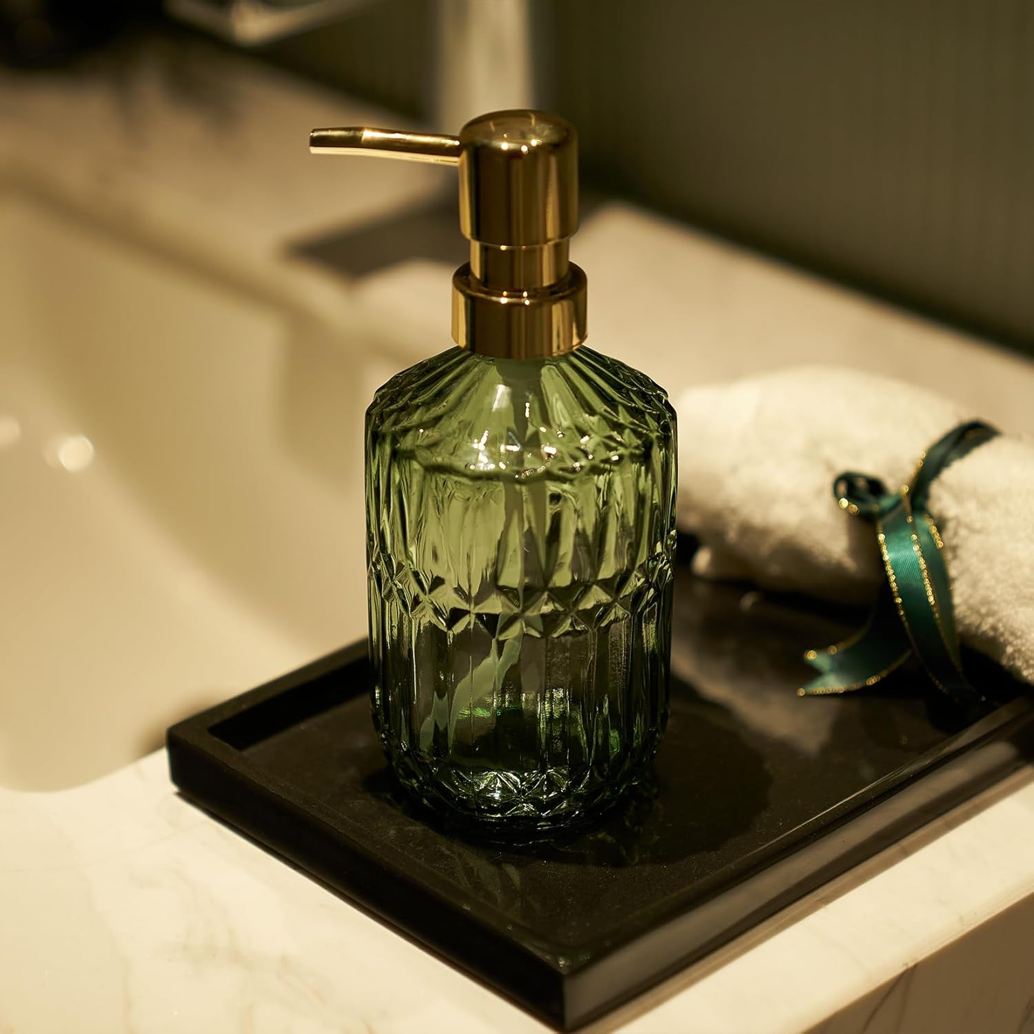 Glass Soap Dispenser Green Bottle Gold Plastic Pump Refillable Kitchen Sink Countertop Hand Dish Dispensers