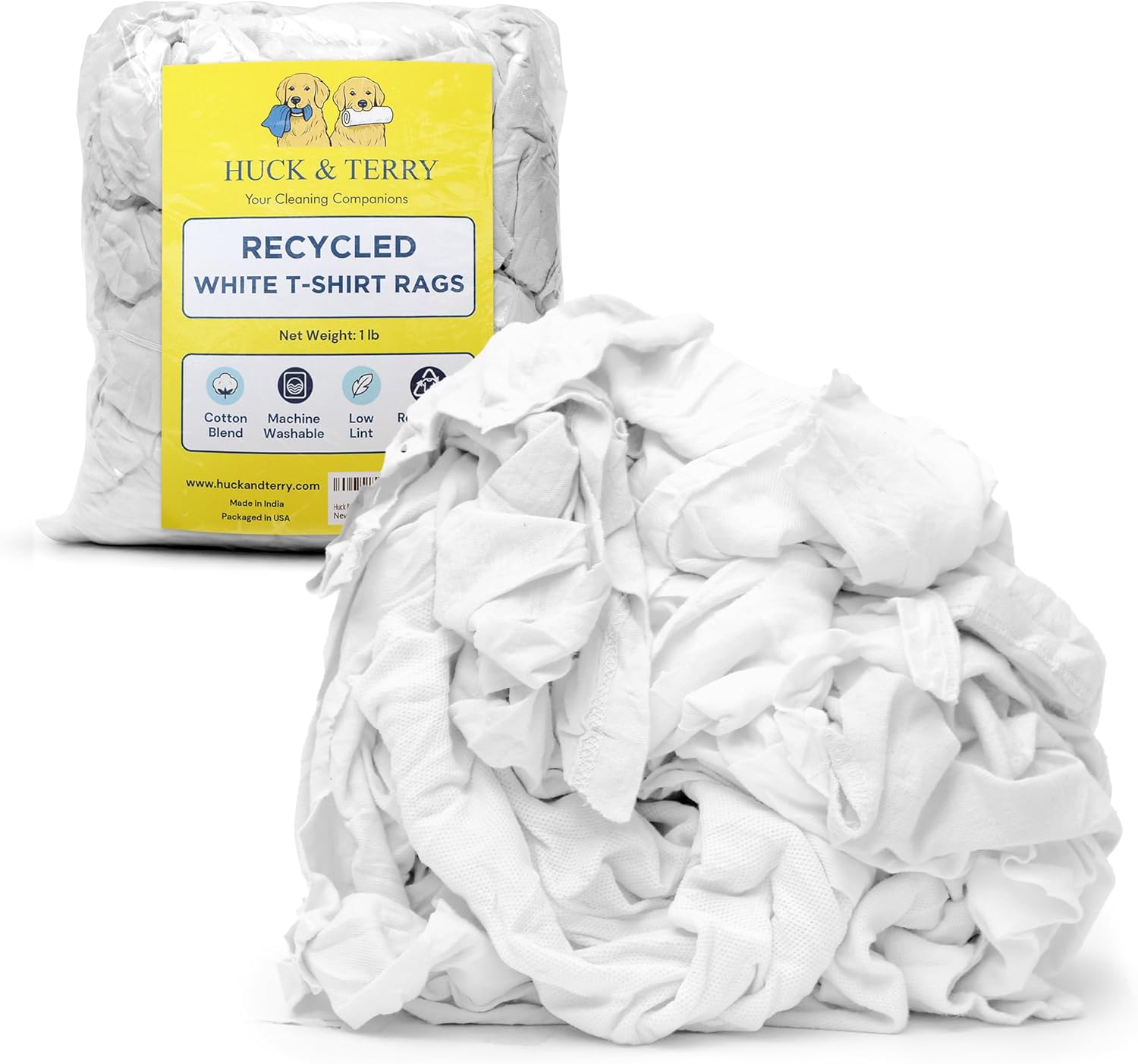 Huck & Terry White T-Shirt Bag of Rags (1 LB Bag), 100% Recycled Material, Cotton Blend Bar Mop, Reclaimed, Eco-Friendly Cloth, Cleaning & Painting Rags, Lint Free, Highly Absorbent