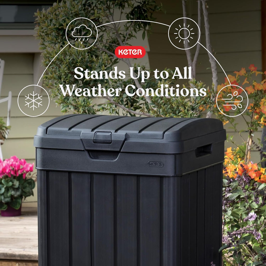 Keter Baltimore Resin 38 Gallon Outdoor Kitchen Trash Can with Lid and Drip Tray for Easy Cleaning-Perfect for Patio Dining, Black