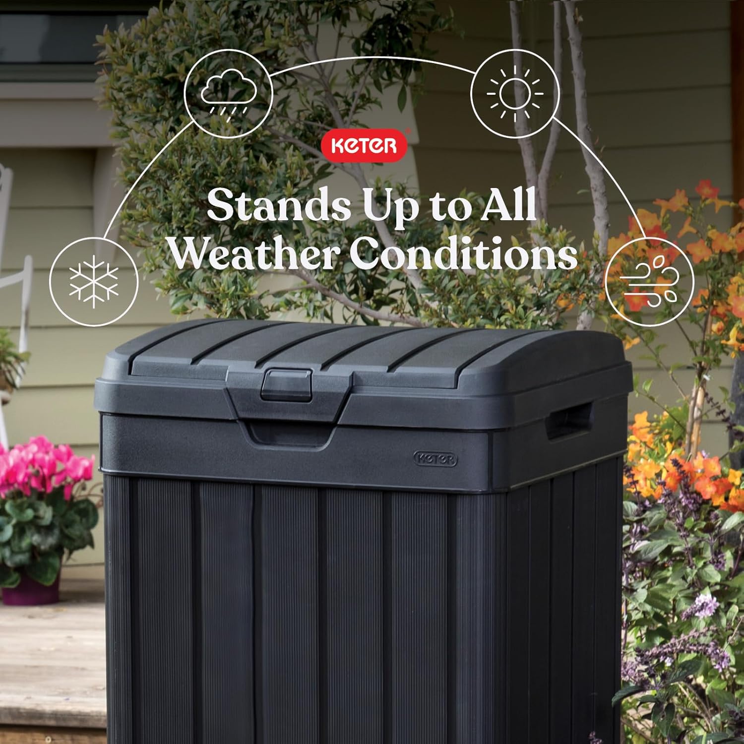 Keter Baltimore Resin 38 Gallon Outdoor Kitchen Trash Can with Lid and Drip Tray for Easy Cleaning-Perfect for Patio Dining, Black
