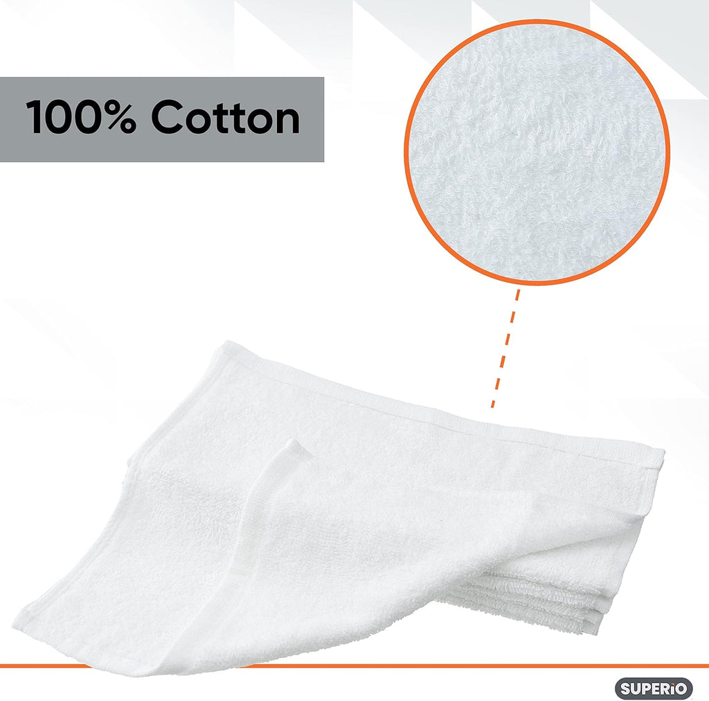 Superio Terry Cloth Rags White Washcloths 100% Cotton 12" Cleaning Cloths, Kitchen Towels, Facial Washcloth, Spa Cloths, Hand Towel, Small Lint Free Rags for Multi-Purposes (24 Pack)