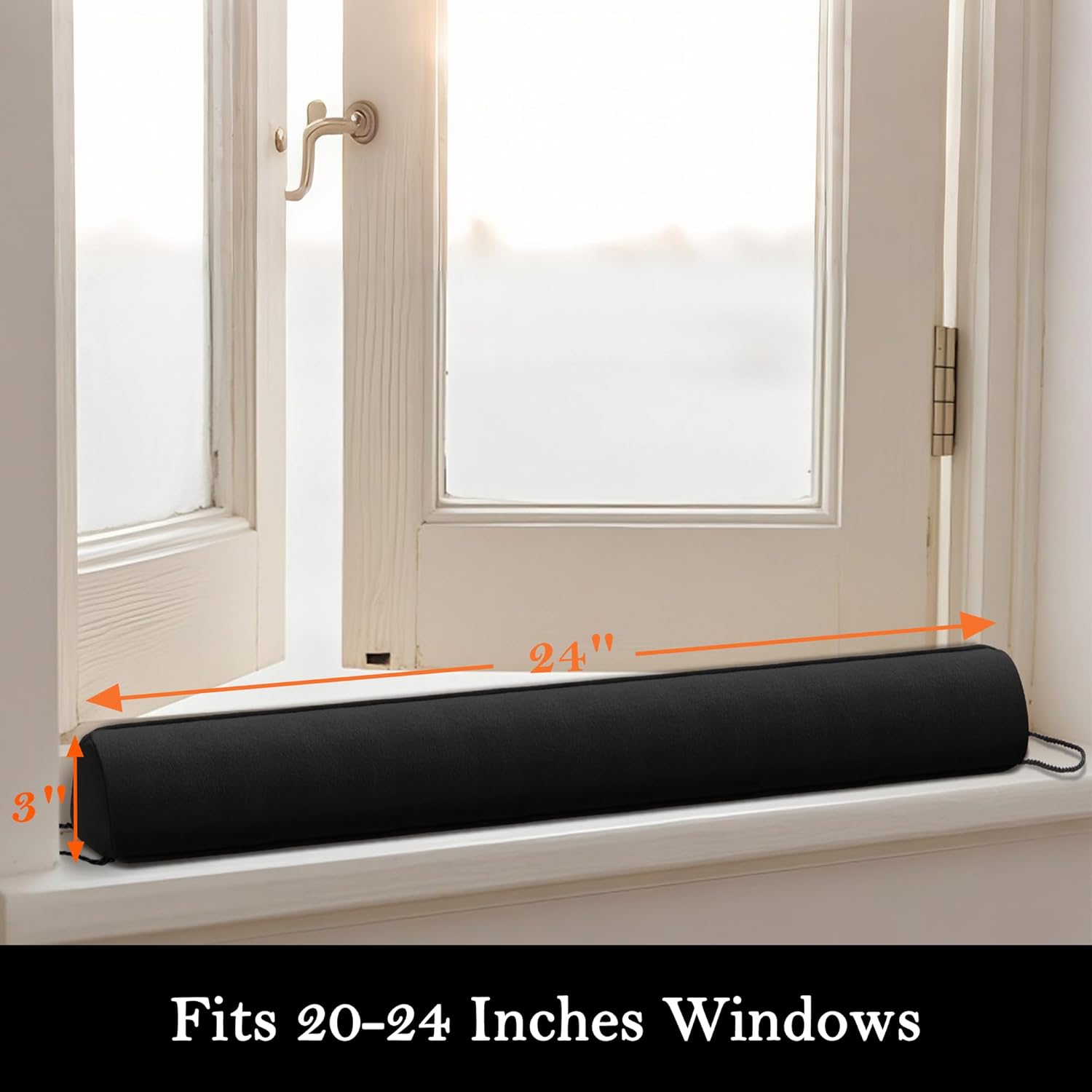 Sunolga 24" Door Draft Stopper Blocks Hot and Cold Air with Removable Washable Cover for Gaps Up to 3", All-Season Seal for Noise, Door Sweep for Bottom of Door and Window, Home Essentials, Black