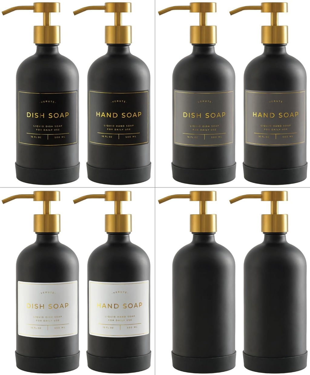 16oz Glass Soap Dispenser with Stainless Steel Pump, 21 Waterproof Labels, Non-Slip Protective Silicone Pad, Set of 2 for Bathroom & Kitchen (Matte Black Bottle/Brushed Gold Pump)