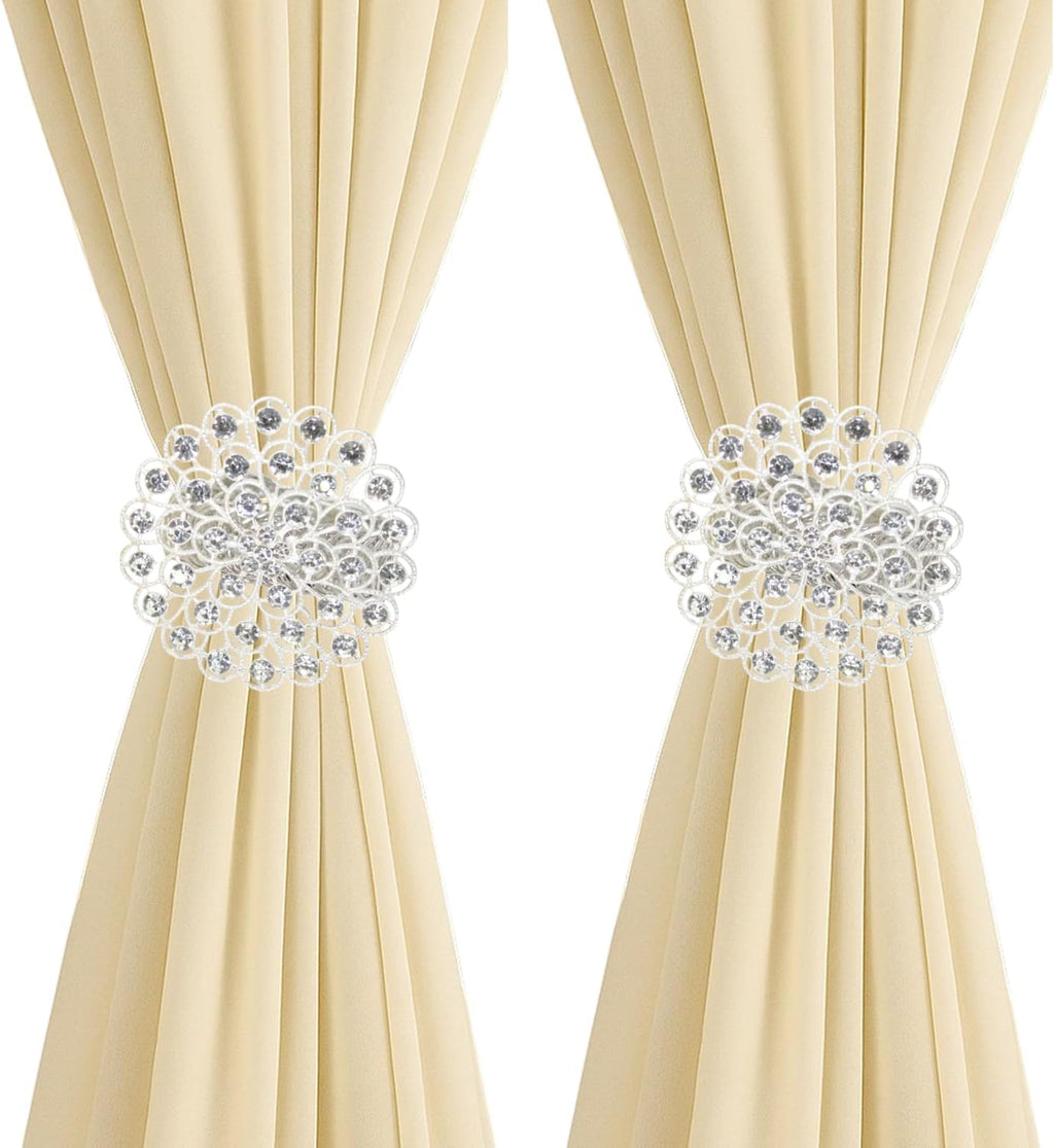 2 Pack Crystal Flower Curtain Tiebacks – Decorative Spring Wire Buckle Clips with Sparkling Rhinestone Flower Design, No Drilling, Easy Fit for Drapes & Sheers (Silver)