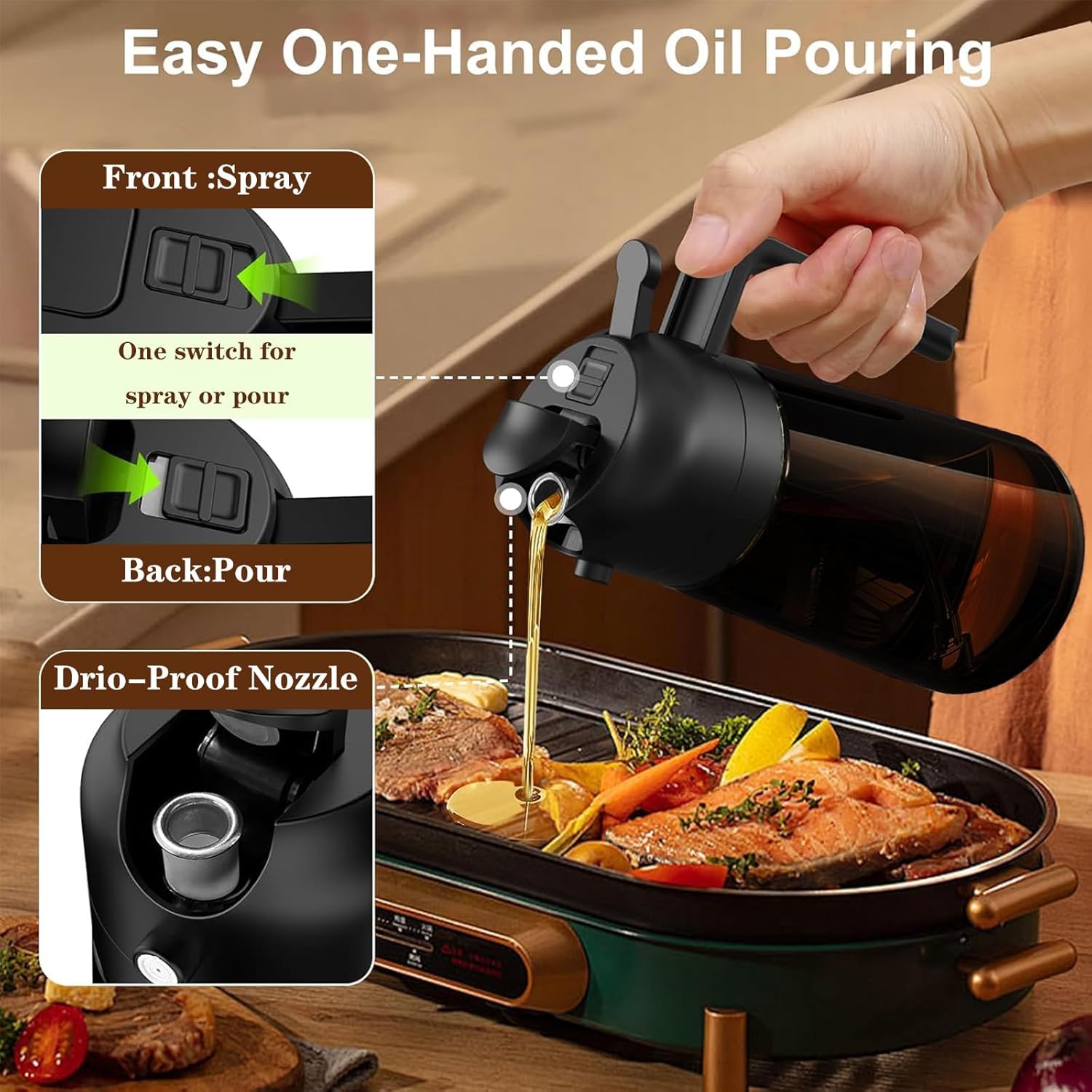 2-in-1 Glass Oil Dispenser & Sprayer - 16oz/470ml Leakproof Bottle for Cooking, Air Fryer, BBQ, Baking, Salad (Light-Blockage Black 2PC)