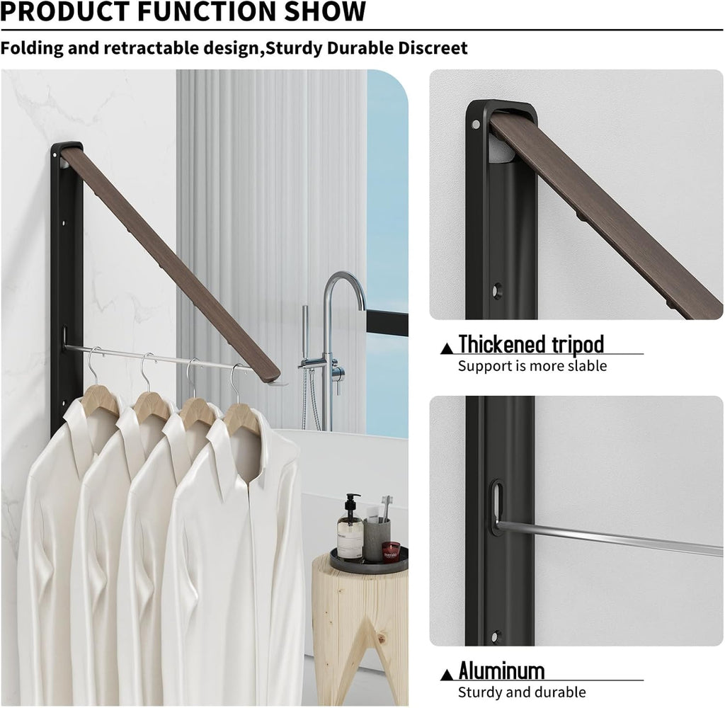 Clothes Drying Rack for Laundry Drying Rack Wall Mounted Clothes Hanger Rack Retractable Laundry Hanger Dryer Rack Space Saving Closet Organizer Aluminium (Walnut)