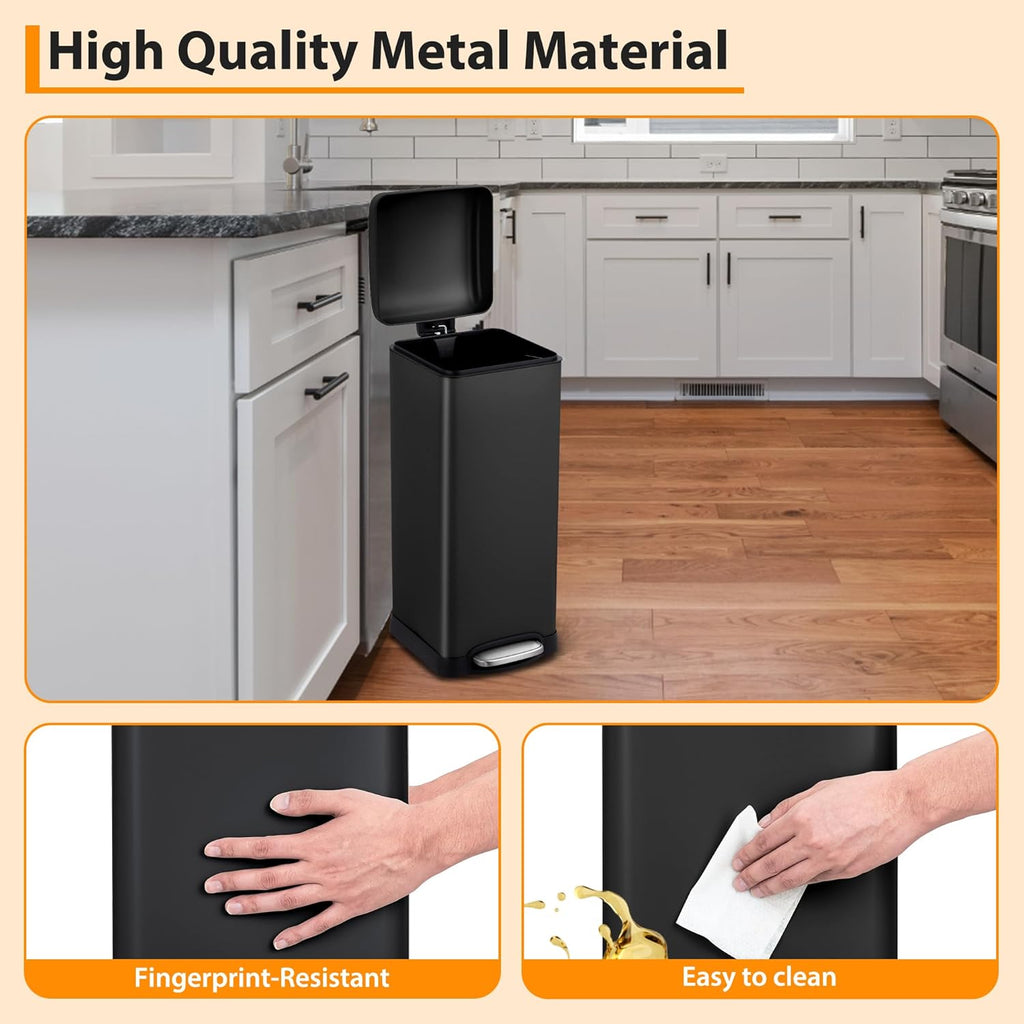 TrailBlaze 8Gallon / 30l Kitchen Trash Can, Stainless Steel Rectangular Pedal Recycle Bin with Soft-Close Lid, Removable Inner Bucket, Fingerprint-Proof, Step Trash Can for Home, Kitchen