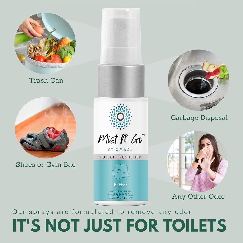 Mist N’ Go by Omaze Travel Bathroom Spray for Toilet Spray Odor Eliminator - Travel Toilet Spray for Bathroom Air Freshener Spray for Bathroom Deodorizer - Breeze Travel Size (1oz x3)