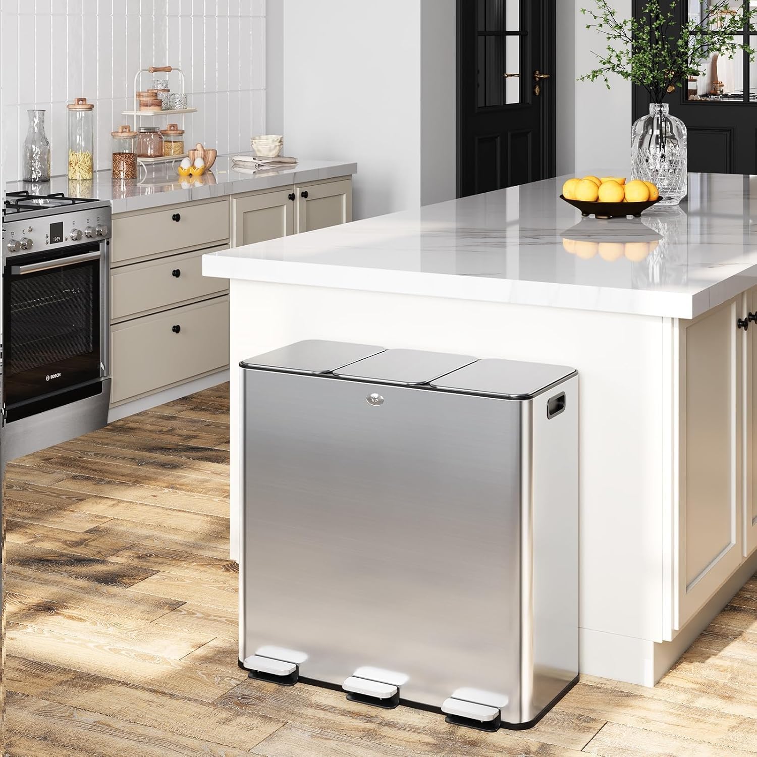 90L/3 x 7.9 Gal Trash Can,Three-Compartment Pedal Stainless Steel Kitchen Recycling Trash Can with Odor Seal, Hands-Free Foot Operated Waste Bin for Home, Office, Restaurant, School, Hospital