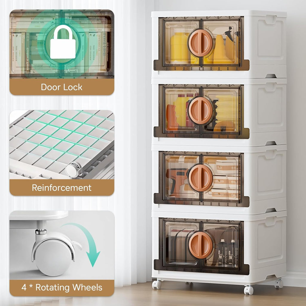JEKO&JEKO 332Qt Lockable Stackable Storage Bins with Lids, Collapsible Closet Organizer with Wheels, Plastic Cabinet Drawer for Clothes, Dorm Room 4 Pack (White)