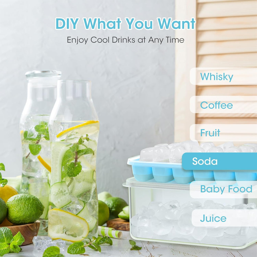 DOQAUS Ice Cube Tray with Lid and Bin, 4 Pack Silicone Plastic Ice Cubes Trays for Freezer with Box/Container, Stackable with Storage Iced Bucket Kits, Scoop, for RV, Soup, Food, Cocktail, Coffee