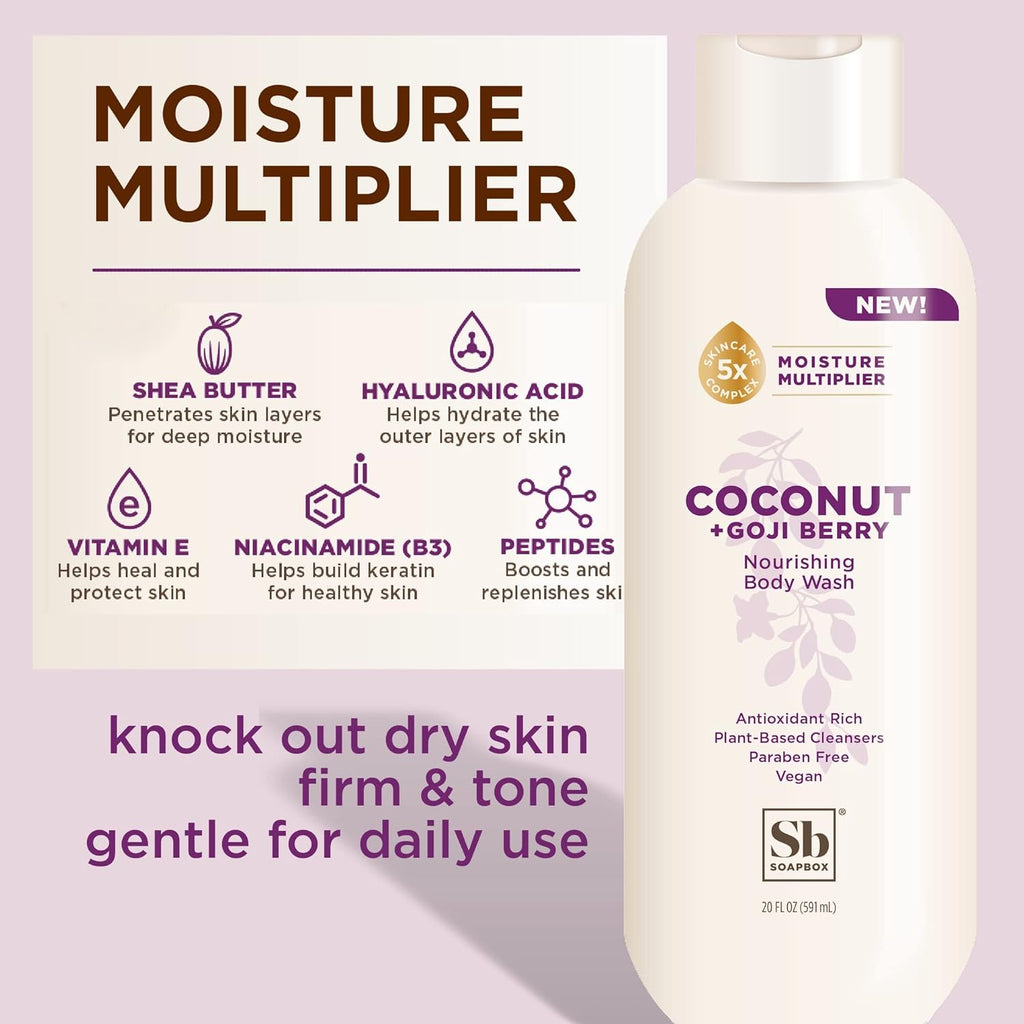 Soapbox Body Wash Refill, Coconut + Goji Berry Body Wash Refill Pack, Bulk Soap Pouch, Vegan + Antioxidant Rich Moisturizing with Shea Butter, Peptides & Keratin Promoting B3, 40oz