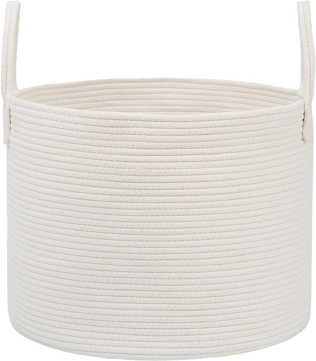 Woven Blanket Basket,115L Large Rope Storage Bin with Handles, Organizer for Blankets Toys Book and Clothes, Laundry Basket for Living Room Bedroom Nursery,White