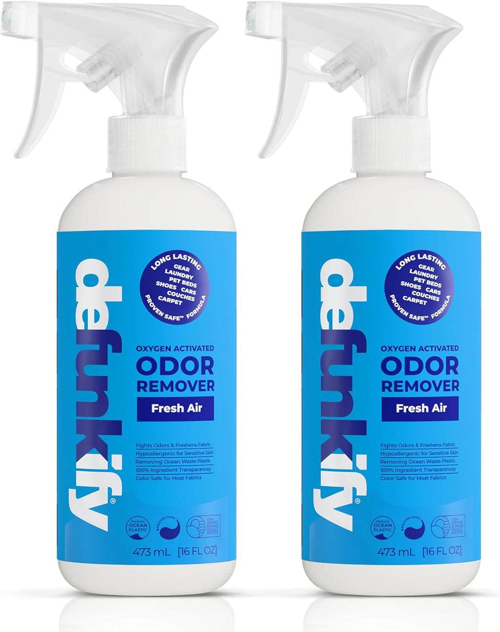 Odor Remover Spray, 16oz (2-Pack). 'Fresh Air' Essential Oil Odor Eliminator for Strong Odors on Fabric, Shoes, Activewear. 'ProvenSafe' Deodorizer for Pets, Kids & Sensitive Gear w/Ionic Silver