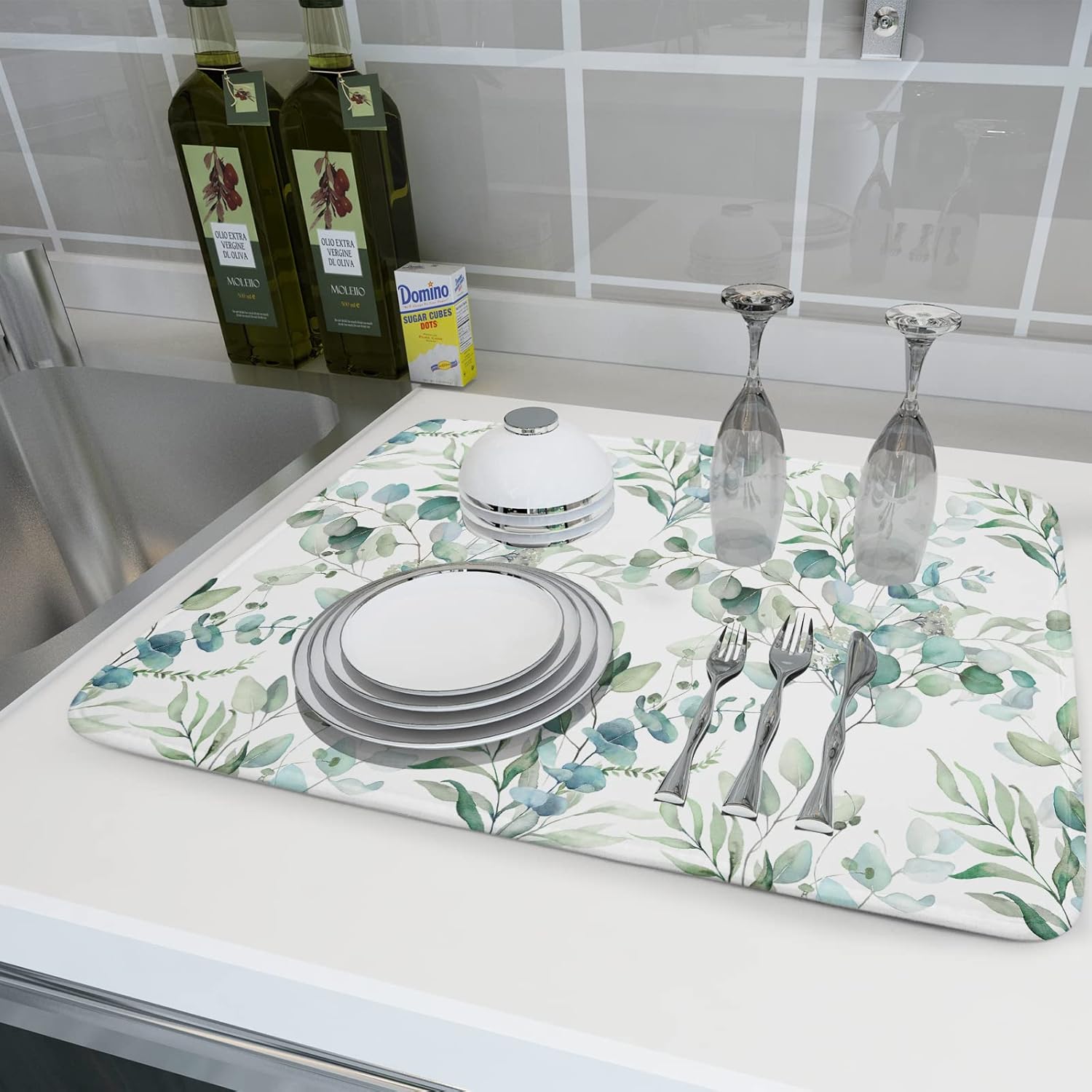 Sage Green Leaves Dish Drying Mats for Kitchen Counter 18x24 Inch, Leaves Kitchen Drying Mat,Watercolor Herbs Dishes Pad Dish Drainer Rack Mats Absorbent Fast Dry Kitchen Accessories