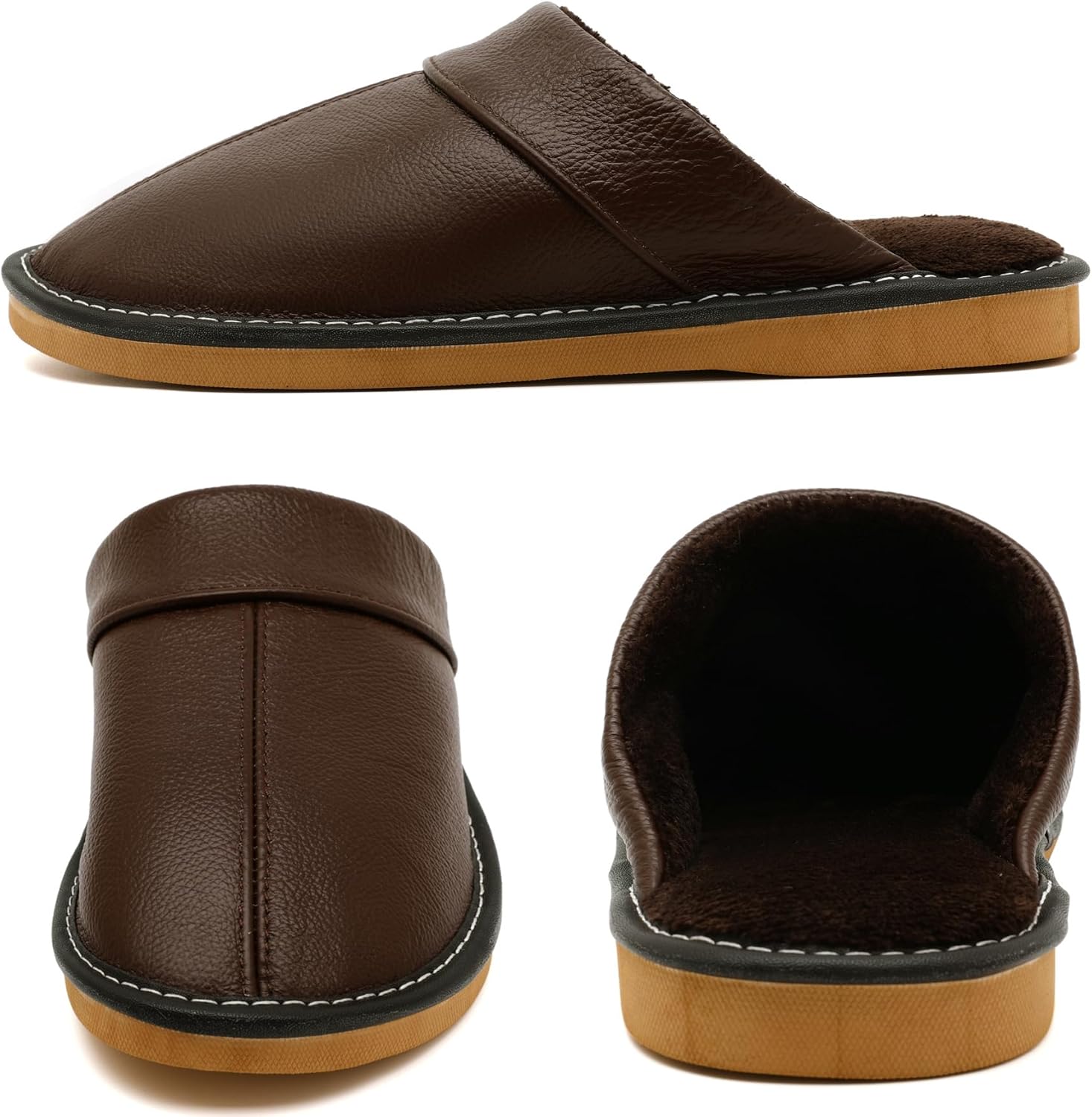 Slippers for Women Men, Genuine Leather Slippers Indoor Outdoor, Fuzzy Bedroom House Shoes for Women Men, Plush Lining Womens Sandals Slip-on