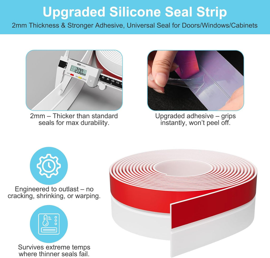 Heavy-Duty 36 ft x 2 in Weather Stripping, Extra Thick 2mm Door Draft Stopper Silicone Seal Strip for House and Glass Shower Doors for Collision and Side Gaps of Door and Windows, White