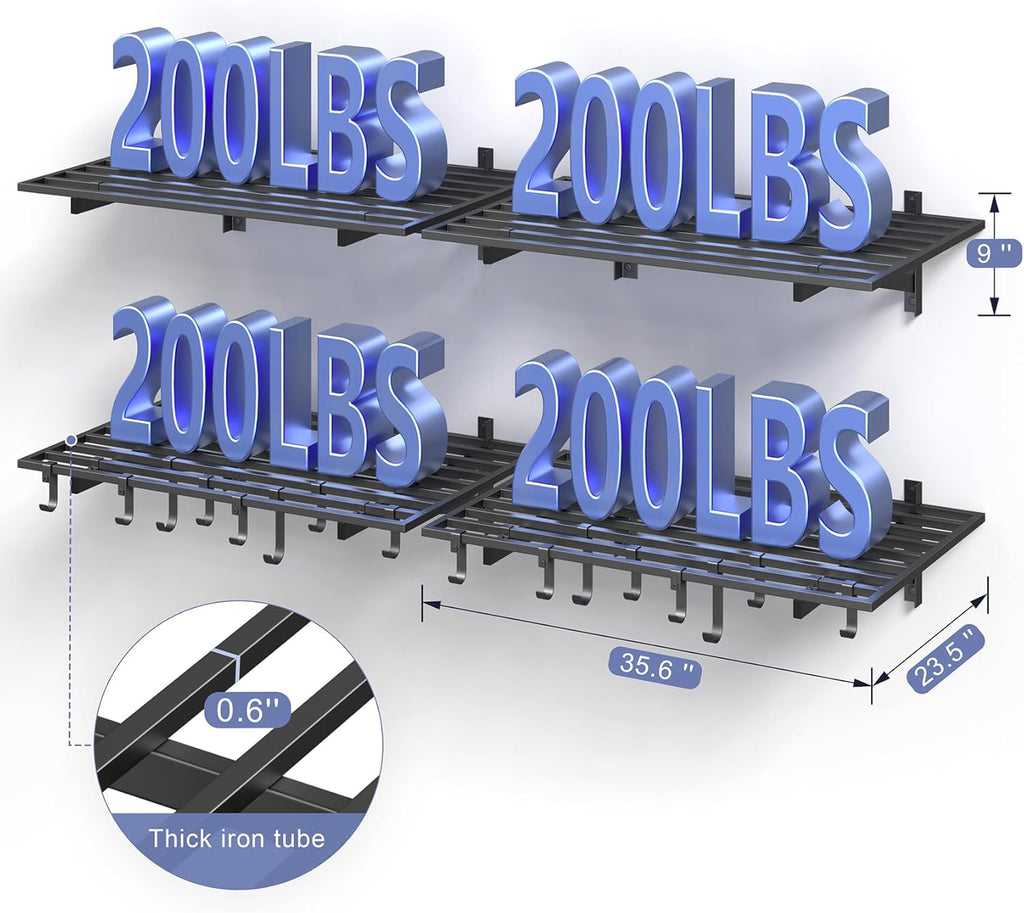 4-Pack 2x3ft Garage Shelving Wall Mounted, 2' x 3' Heavy Duty Garage Storage Shelves with Hooks, 800LB Capacity