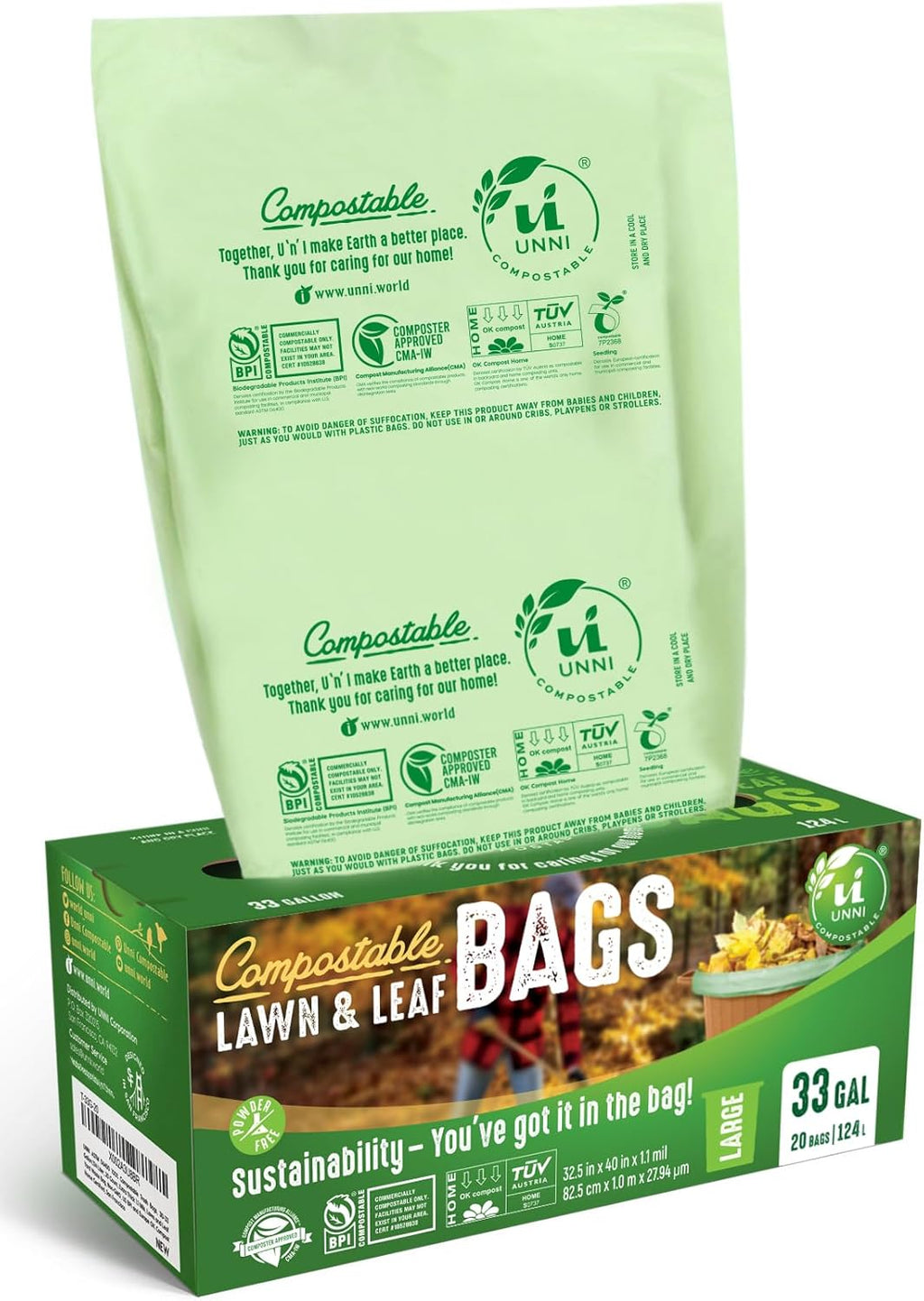 UNNI Compostable Lawn & Leaf Bags, 30-33 Gallon / 124 Liter, 40 Count Value Pack, Extra Thick 1.1 mil Yard Waste & Food Scrap Liners, BPI, CMA & OK compost HOME Certified (Meets ASTM D6400)