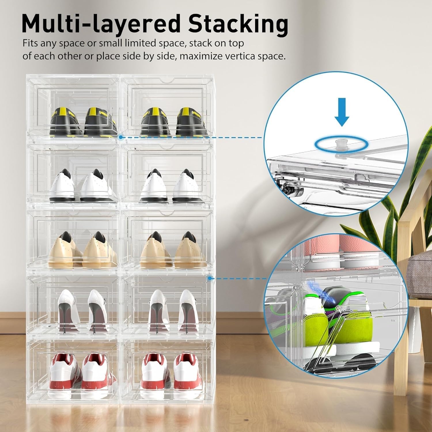 Mitees 10 Pack XX Large Thicken Sturdy Hard Plastic Clear Stackable Shoe Storage Boxes for Size 12, Sneaker Shoe Rack Containers Holders Bins Display Case Organizer for Closet, White
