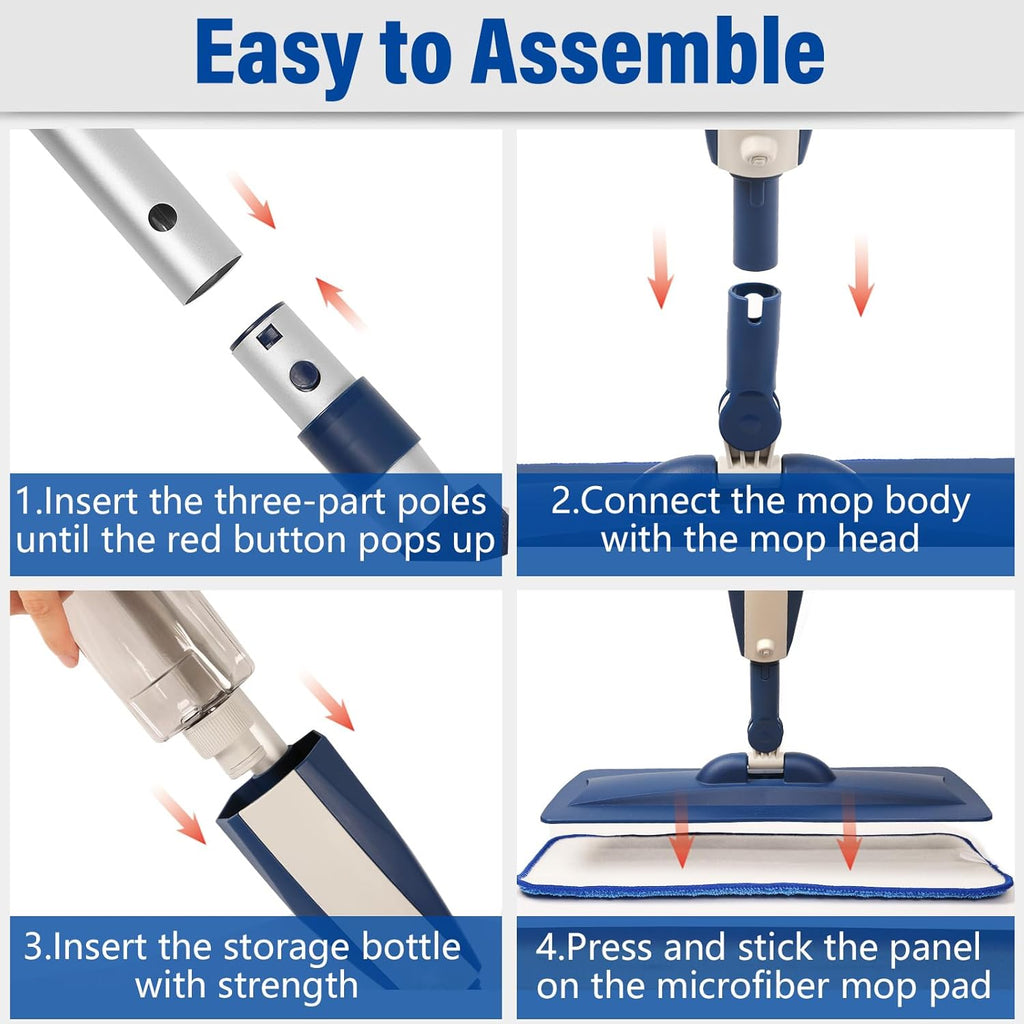 Spray Mops for Floor Cleaning Floor Mop with a Refillable Spray Bottle and 3 Washable Microfiber Pads Home or Commercial Use Dry Wet Flat Mop for Hardwood Laminate Wood (Dark Blue)