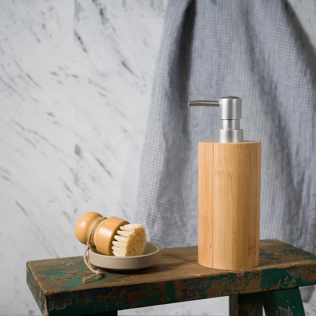 Natural Bamboo Liquid Soap Dispenser, 10 oz with Silver Plastic Pump, Refillable Hand Soap Dispenser for Bathroom or Kitchen