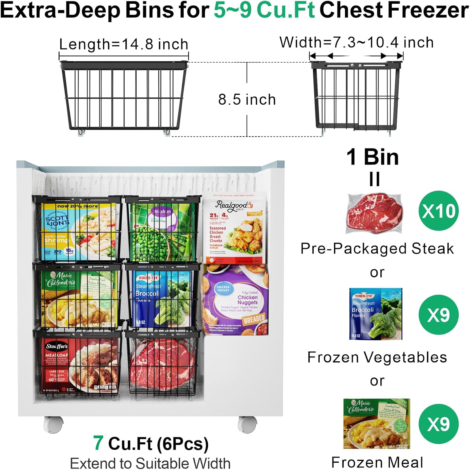 iSPECLE Freezer Organizer Bins - 5 Pack Adjustable & Extra Large Deep Freezer Organizer Bins for 5 to 9 Cu.Ft Chest Freezer, Easy Organize Basket Store More, Stackable No Wasted Space, Black