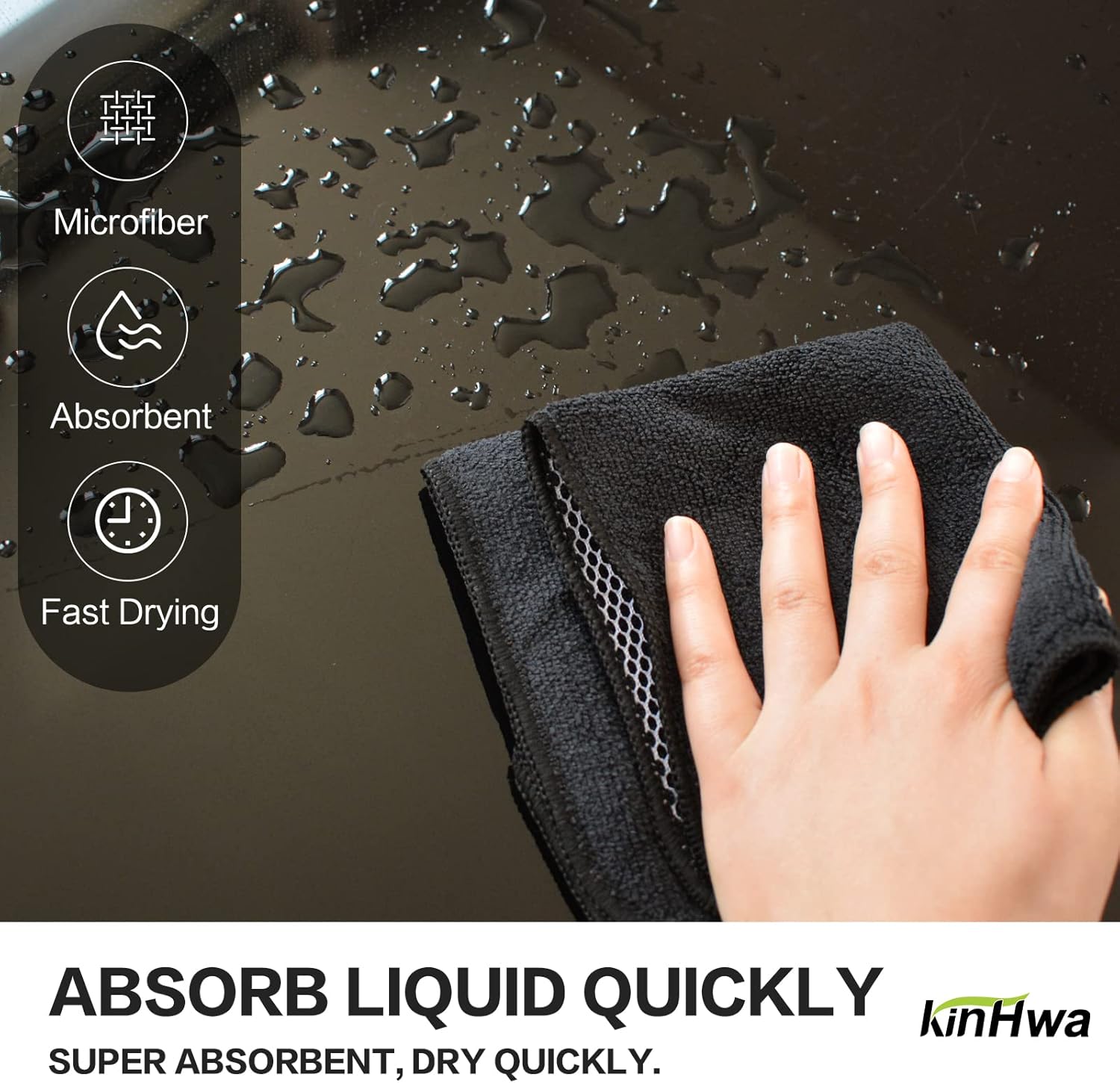 KinHwa Kitchen Washcloths for Dishes Absorbent Microfiber Dish Cloths Quick Dry Dish Rags with Poly Scour Scrub Side Ideal for Kitchen Cleaning (Black, 12inchx12inch 9 Pack)
