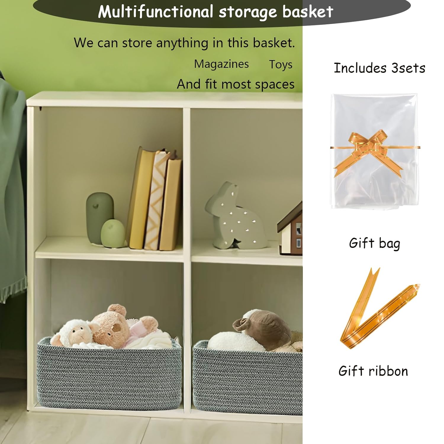 COMFY-HOMI 13" x 8.5" x 5.1"Storage Baskets for Organizing | Cotton Rope Woven Basket | Toy Storage Bin Box | Basket for Shelves, Closet Organizer Bin, Decorative Closet Shelf, 3 Pack, Green