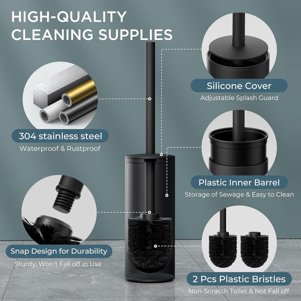 FORIOUS Toilet Brush and Holder Set Black, Heavy Duty 304 Stainless Steel Base and Long Handle Toilet Bowl Cleaners Brush, for Bathroom Storage and Organization, 2 Brush Head