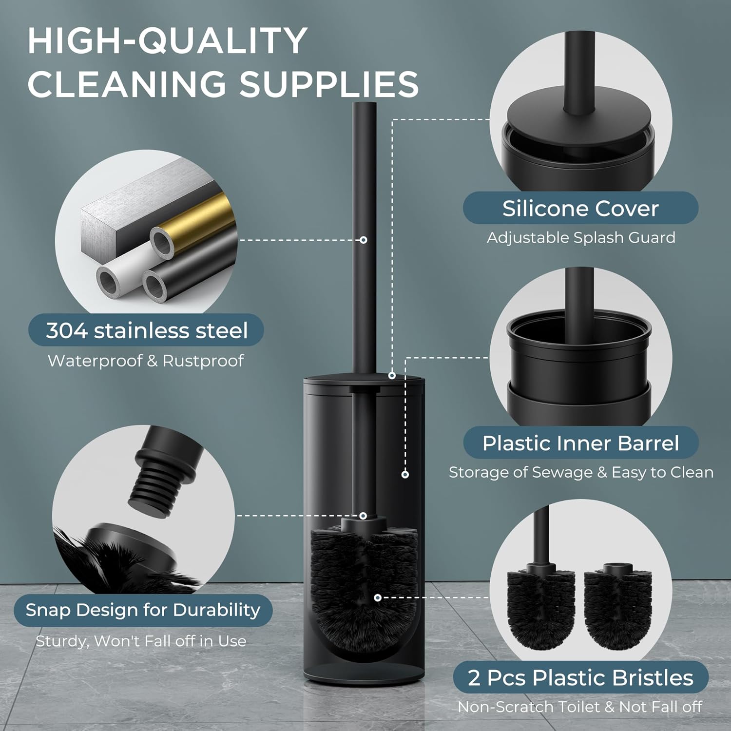 FORIOUS Toilet Brush and Holder Set Black, Heavy Duty 304 Stainless Steel Base and Long Handle Toilet Bowl Cleaners Brush, for Bathroom Storage and Organization, 2 Brush Head