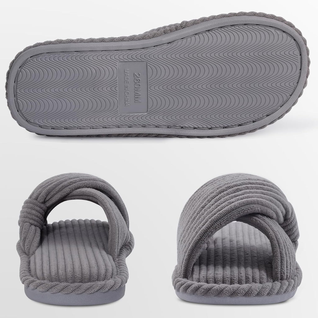 Evshine Summer House Slippers for Women Corduroy Cross Bow Indoor Slippers Open Toe Slip On Bedroom Shoes with Memory Foam