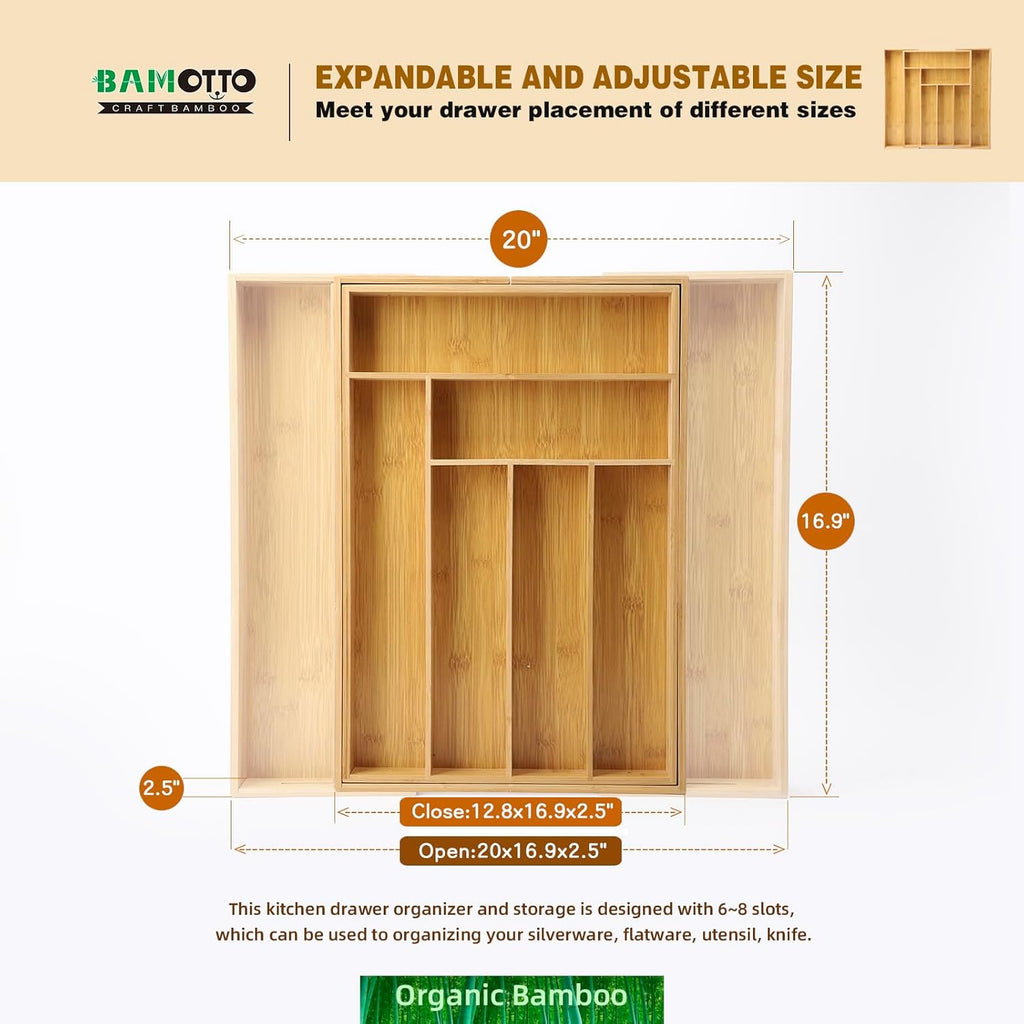 Expandable Bamboo Drawer Organizer – Large 20"x16.9" Size with Adjustable Dividers – for Kitchen Utensils, Knives, Cutlery, Flatware & Silverware Storage Tray