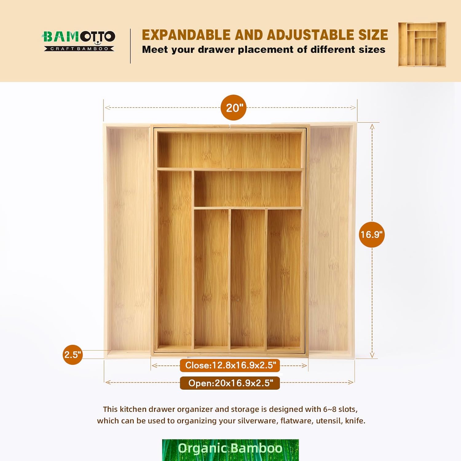 Expandable Bamboo Drawer Organizer – Large 20"x16.9" Size with Adjustable Dividers – for Kitchen Utensils, Knives, Cutlery, Flatware & Silverware Storage Tray