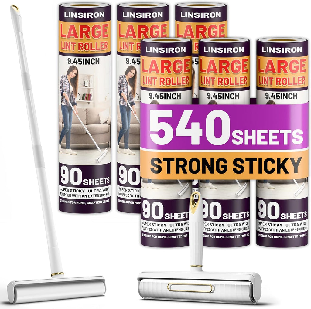 Large Lint Roller Pet Hair Remover 540 Adhesive Sheets Rollers 9.45 Extra Sticky Dog Cat Adjustable Handle 7.9-47.6 Inch, 6 Replaceable Rolls 90 Sheets Each, 3 Extension Rods for 4 Heights
