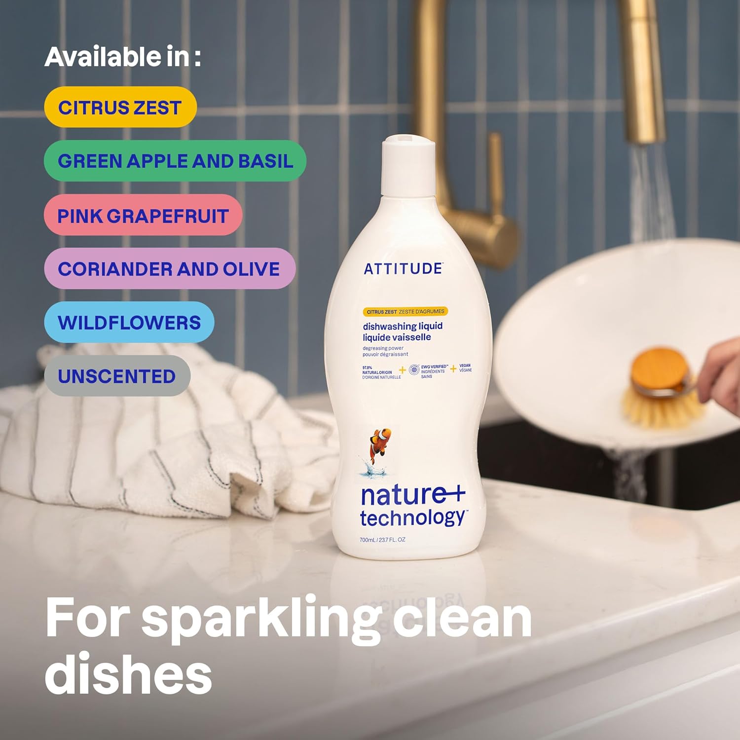 ATTITUDE Dish Soap, EWG Verified, Plant-Based & Vegan Dishwashing Liquid, Naturally Derived, Olive and Coriander Scent, 23.7 Fl Oz