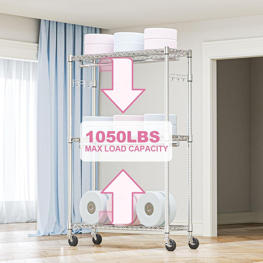 Heavy Duty Rolling Garment Rack 3 Tiers Adjustable Wire Shelving Clothes Rack with 2 Rods and Side Hooks,Storage Closet Clothing Rack with Wheels Chrome 15.7" D x 45.3" W x 79.6" H