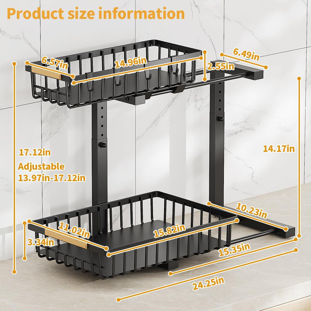 Under Sink Organizer, 2 Tier Under Sink Organizers and Storage, Metal Slide out Pull out Cabinet Organizer ，2 Pack Sliding Drawer Organizer for Kitchen Bathroom Pantry