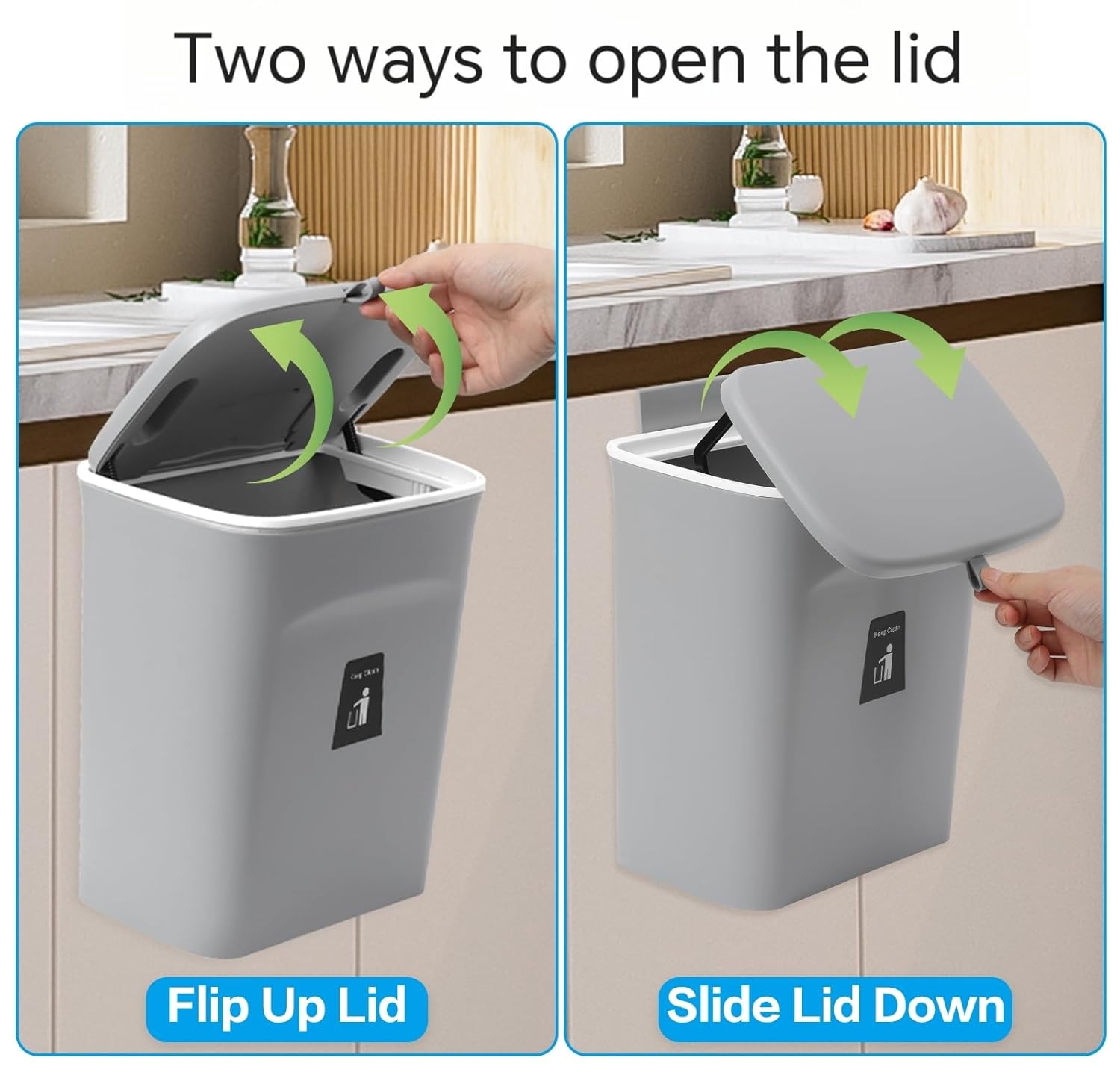 Compost Bin for Kitchen -2.4 Gallons/9L Trash Can for Under Sink,Hanging Small Trash Can with Lid for Bathroom/Bedroom, Indoor Compost Bucket (Grey)