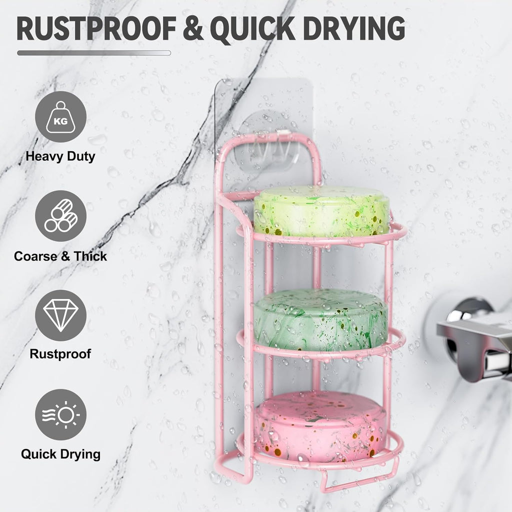 Pink 3-Tier Shower Soap Shampoo Bar Holder, Self Adhesive & Freestanding Draining Soap Dish Caddy for Bathroom Wall Accesories Decor