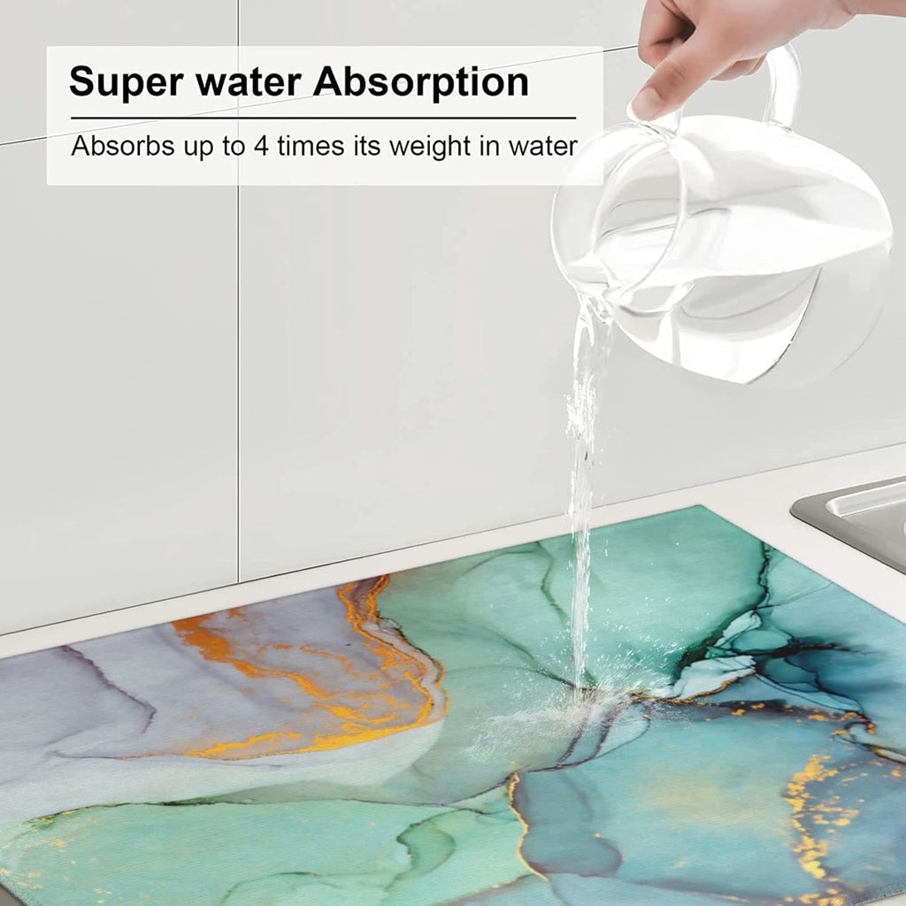 Teal Marble Golden Swirls Pattern Dish Drying Mats For Kitchen Counter Microfiber Absorbent dish Mat Xl Reversible Drying Mats For Countertop 18 Inch X 24 Inch