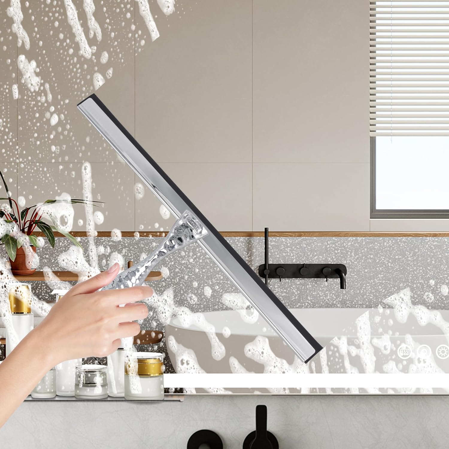 All-Purpose Silicone Shower Squeegee for Shower Glass Door,with 1 Hooks,for Bathroom Glass, Car, Tile Wall, Mirror Cleaning - Flower Shaped Handle for Easy-Grip 14 Inch Silver