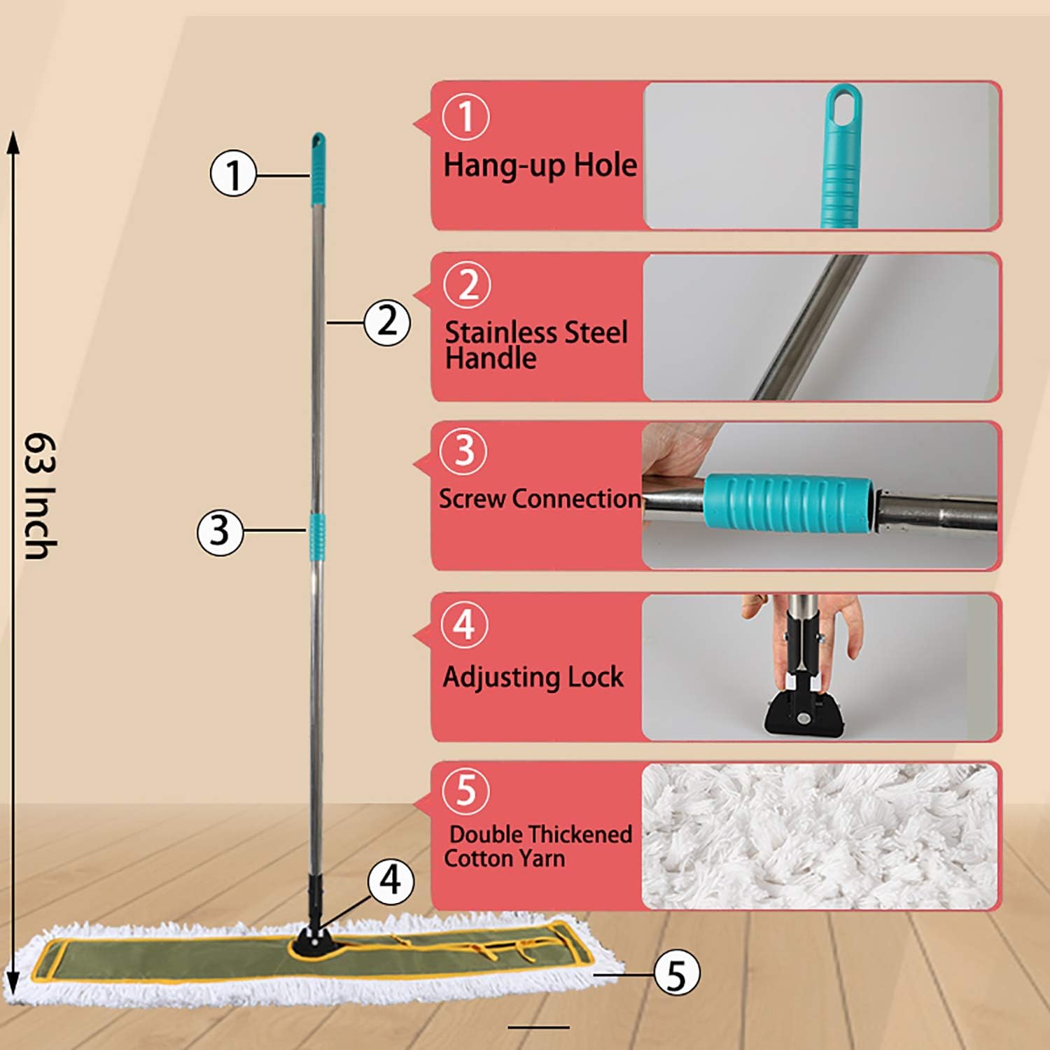 OFO 43inch Industrial Commercial Dust Mop 2 Sets // Heavy Duty Dust Mop // 63inch Length Stainless Steel Handle //Easily Clean Large Area Factory,Shopping Mall,Garage