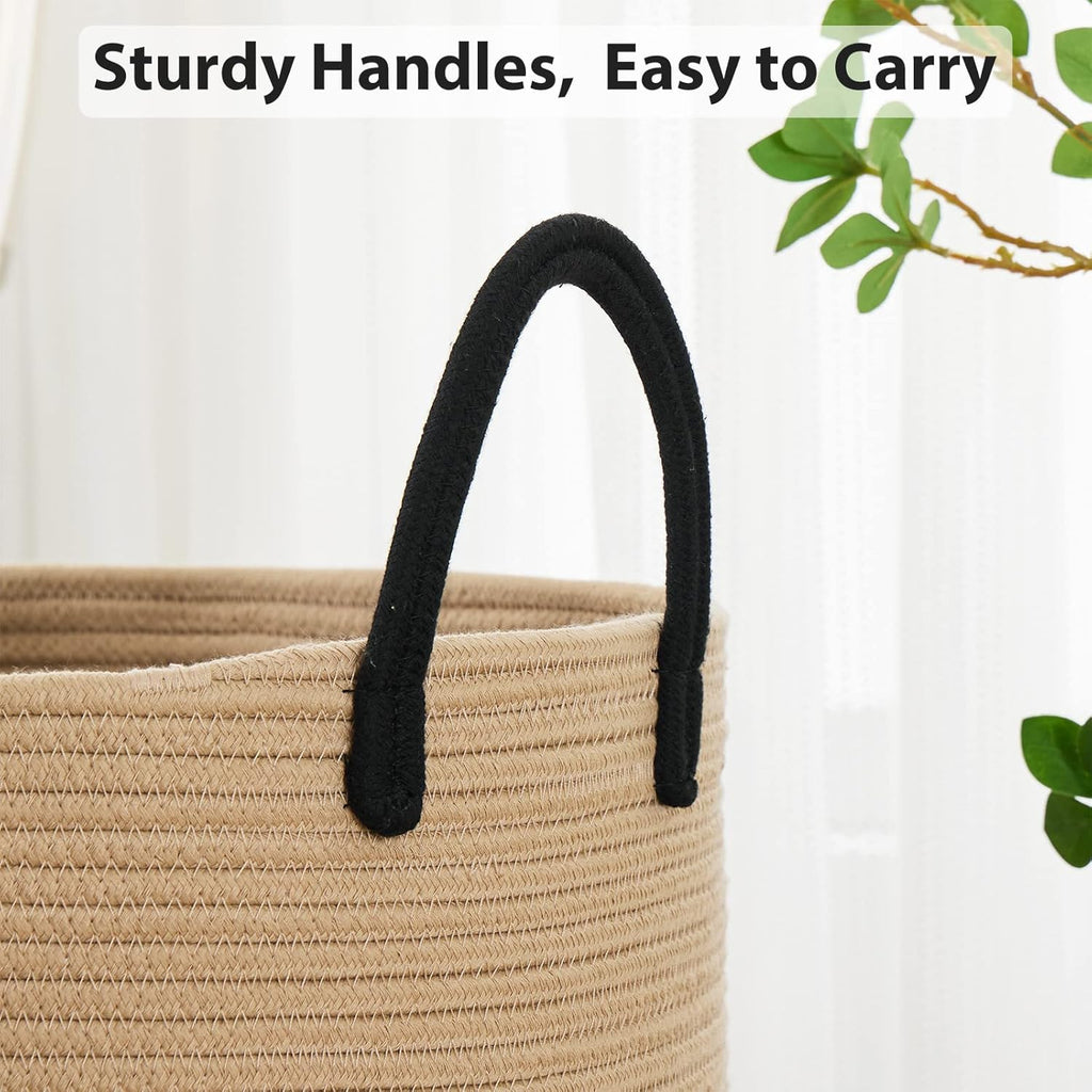 Fiona's magic 72L Large Woven Laundry Hamper, Tall Cotton Rope Storage Basket, Jute Baby Nursery Hamper for Blankets, Toys and Clothes in Bedroom and Living Room Organizing, Brown & Black