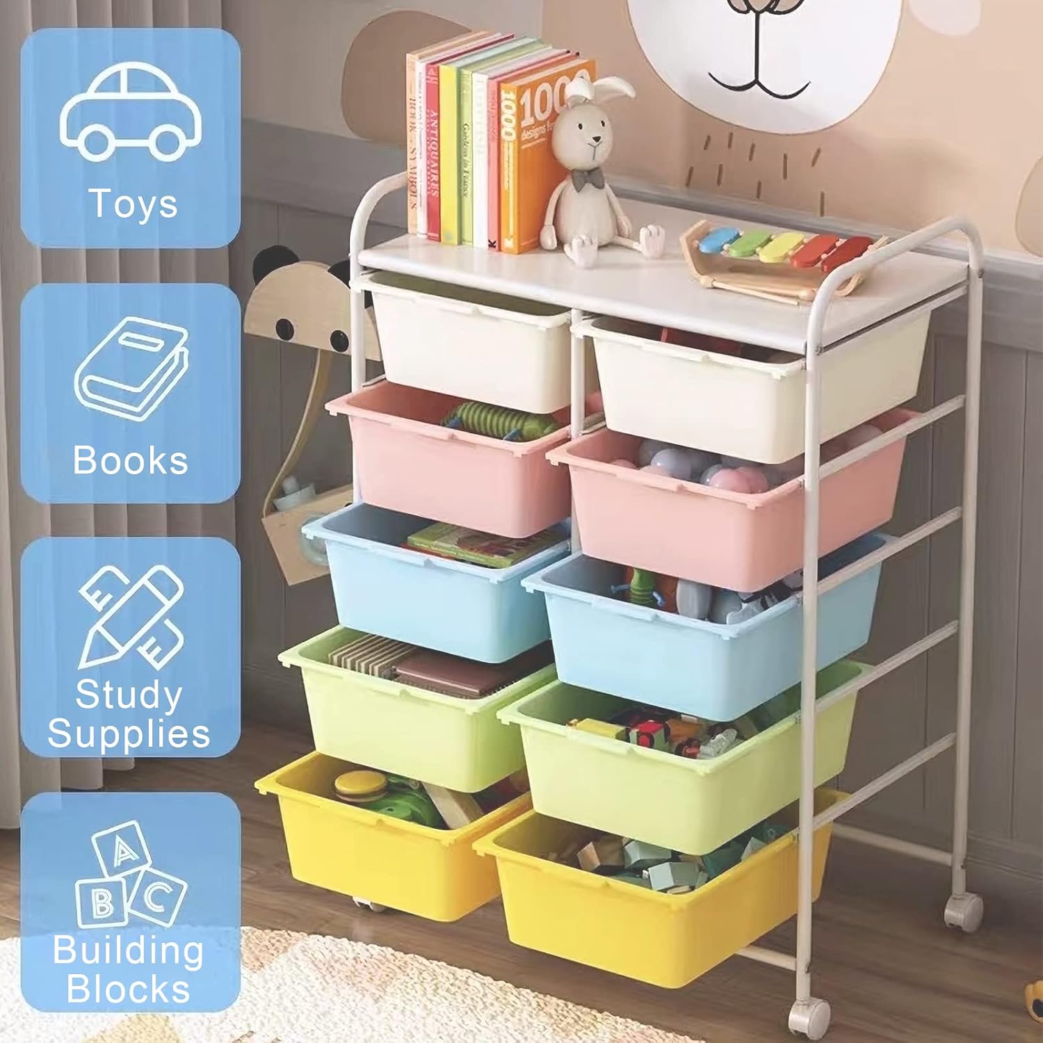 10 Drawers Rolling Storage Cart, Plastic Drawer Cart with Metal Frame, Multipurpose Art Craft Cart Organizer with Wheels, Utility Cart with Drawers for Home, Office, School, Multicolor
