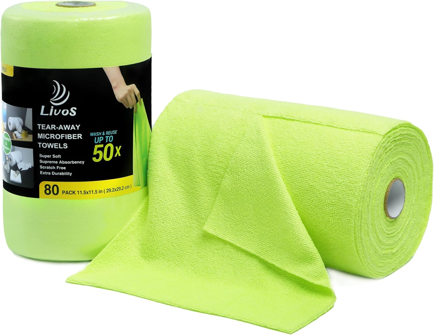 LIVOS Microfiber Cleaning Cloth Roll - 80 Pack, Reusable Paper Towels Green Tear Away, Microfiber Towels for Car, Super Absorbent Lint Free Cleaning Rags for House, Kitchen, Window-11.5"x11.5"